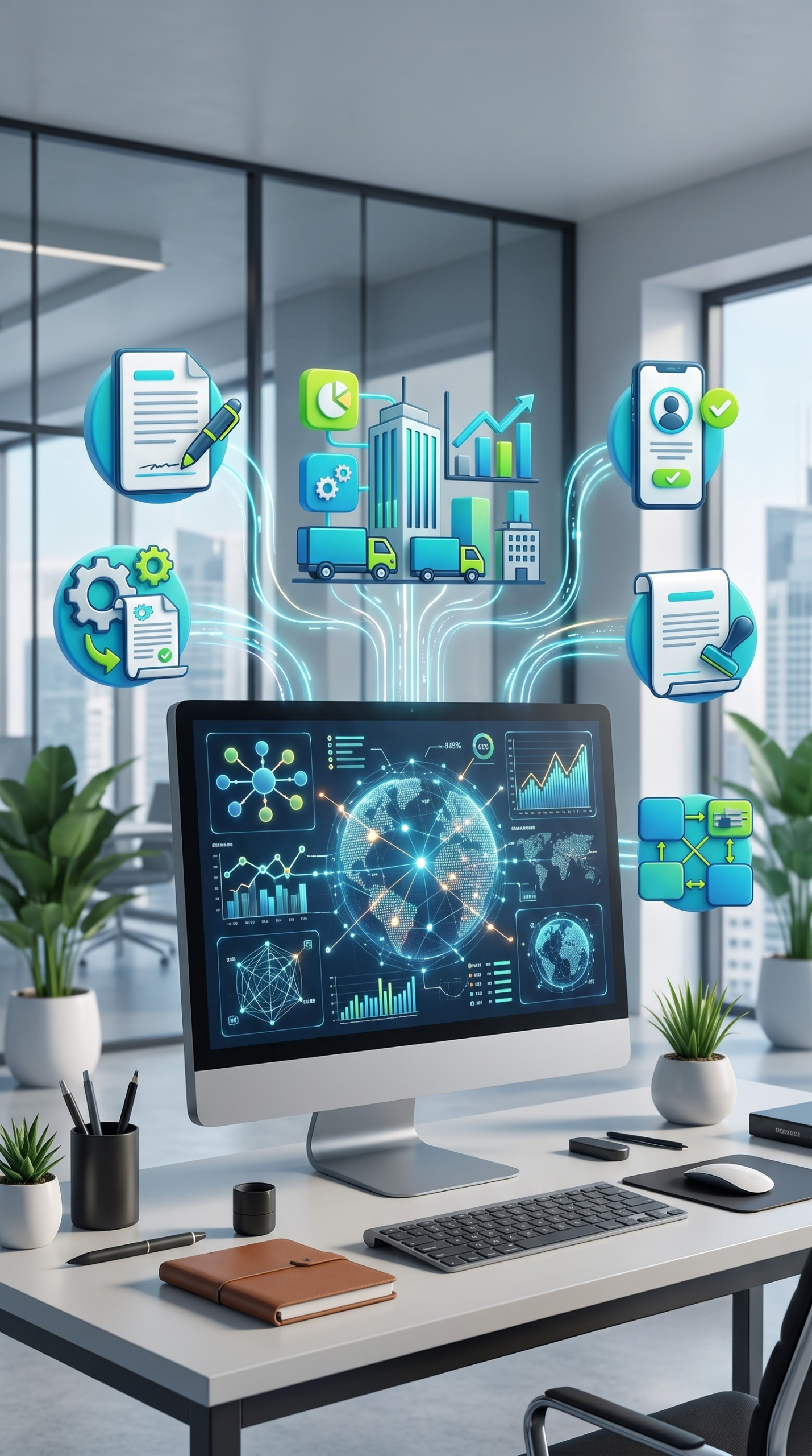 Office workspace with a desktop monitor displaying a futuristic data dashboard and floating icons for documents, analytics, and approvals.